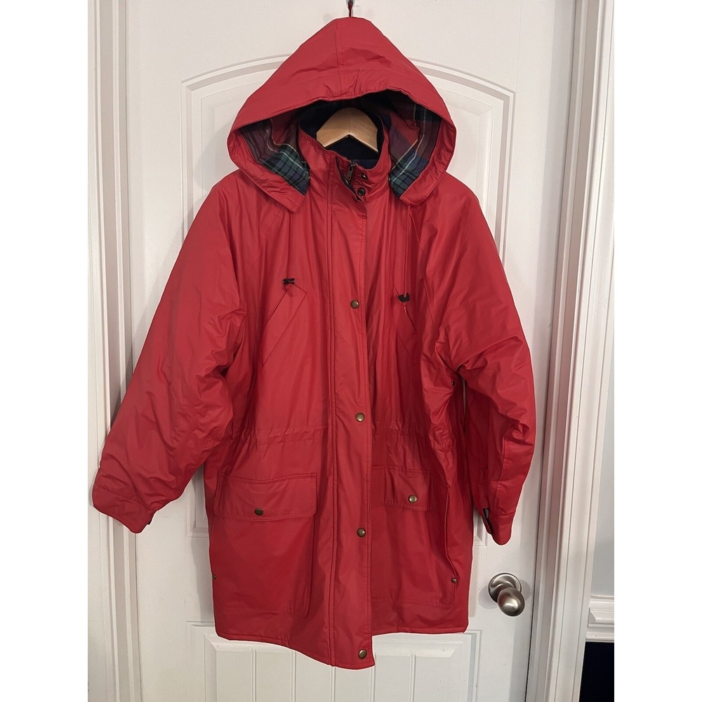 Misty Harbor Plaid Flannel Lined Raincoat Red 2X Removable Hood Rain Waterproof